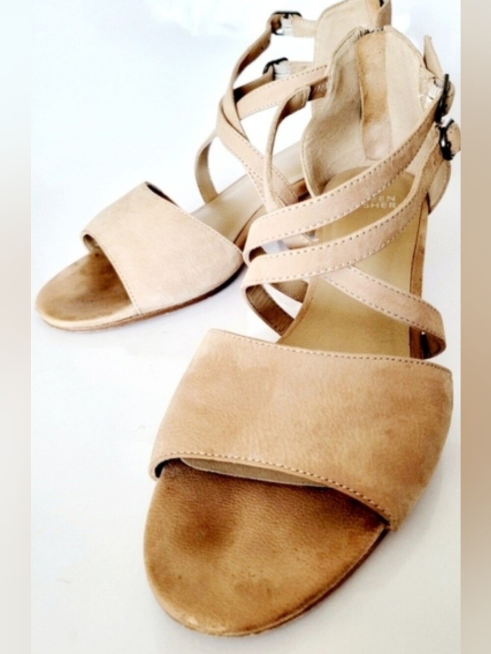 Eileen Fisher Kyra Nubuck Leather Strappy Low Block Heel Sandals Tan US 9 - Picture 8 of 16